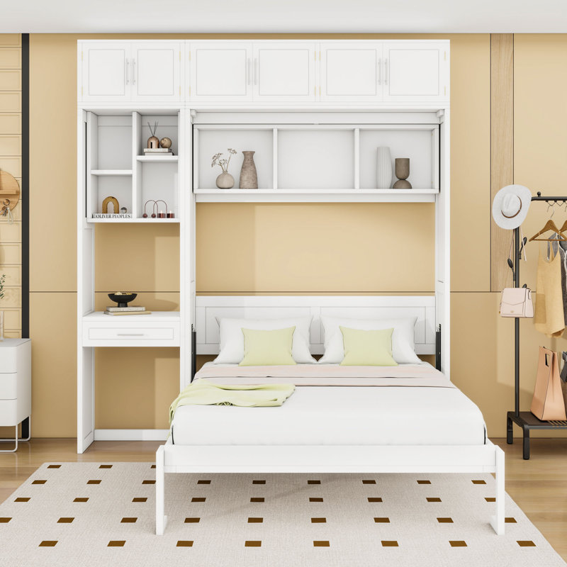 Lit escamotable avec bureau intégré et tablettes, Blanc, Grand lit