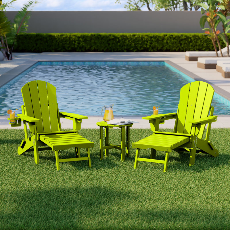 Outdoor 3-Piece Folding Adjustable Adirondack Chair With Hideaway Ottoman & Round Side Table, Lime Green