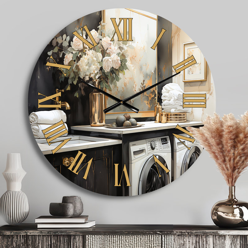Laundry Room Art Deco II - Bath & Laundry Golden Face Wall Clock, Medium
