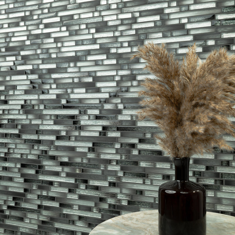 Kinzari Interlocking 12 in. x 12 in. Glossy Glass Mosaic Wall Tile, Carbon