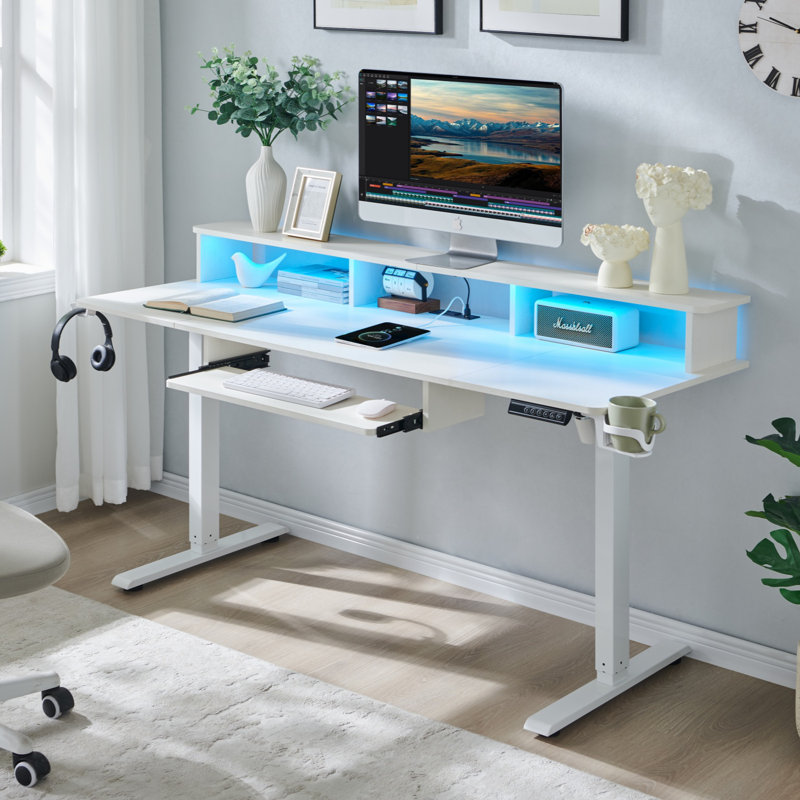 60" Height-Adjustable Standing Desk with Power Outlets & LED Lights, White/White