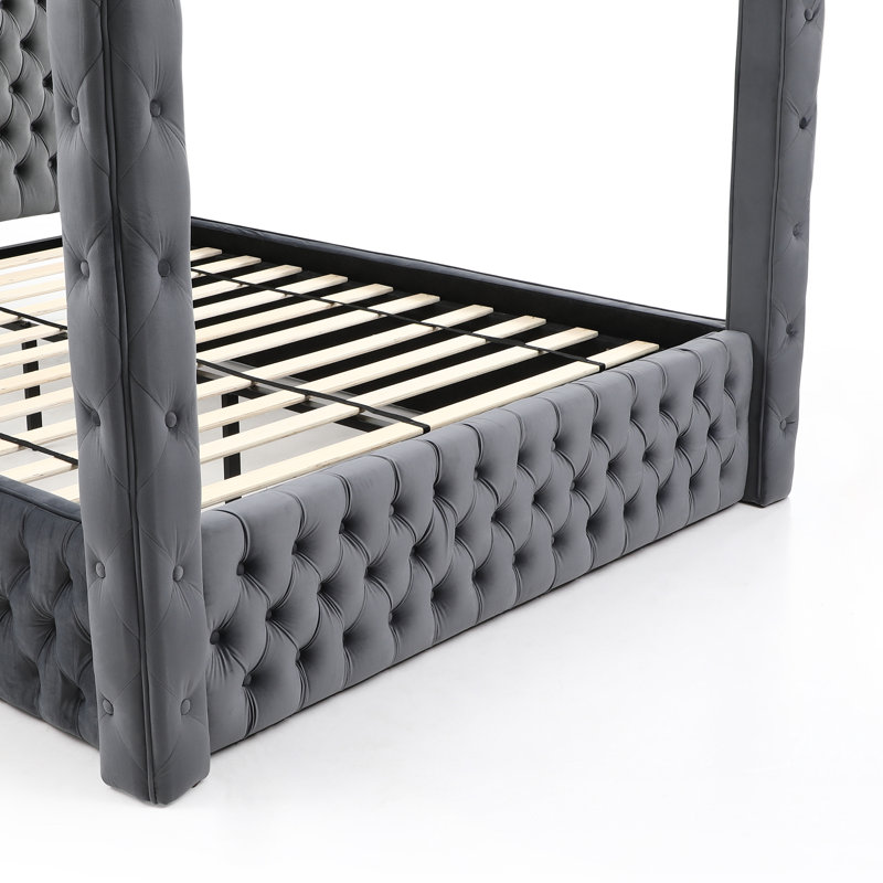 Black Velvet Tufted Upholstered Queen Canopy Bed Frame