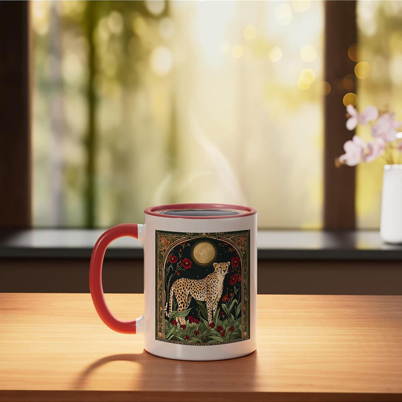 Vintage Art Nouveau Cheetah & Flowers Ceramic Mug, 11oz, Red