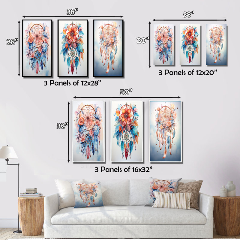 «Colorful Dreamcatcher Mystic Serenity», 3 pièces sur toile, Encadrement doré, H 20 po x l 36 po