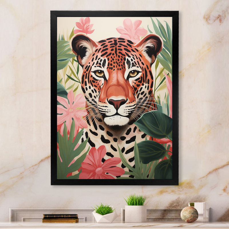 Art mural léopard vert et rose dans la jungle III - léopard / guépard, Black Picture Framed, 20" H x 12" W