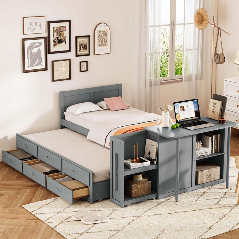 Lit plateforme gris multifonctionnel en bois avec bureau de bout de lit, tablette de rangement, lit gigogne intégré et 3 tiroirs