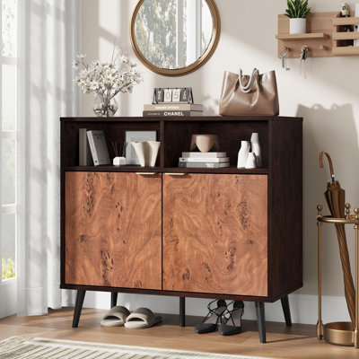 Industrial Sideboard Buffet Cabinet - Walnut Body with Burl Texture, Adjustable Shelves, Drawers & Coffee Bar Storage Credenza for Dining Room, Kitchen or Living Room, Walnut