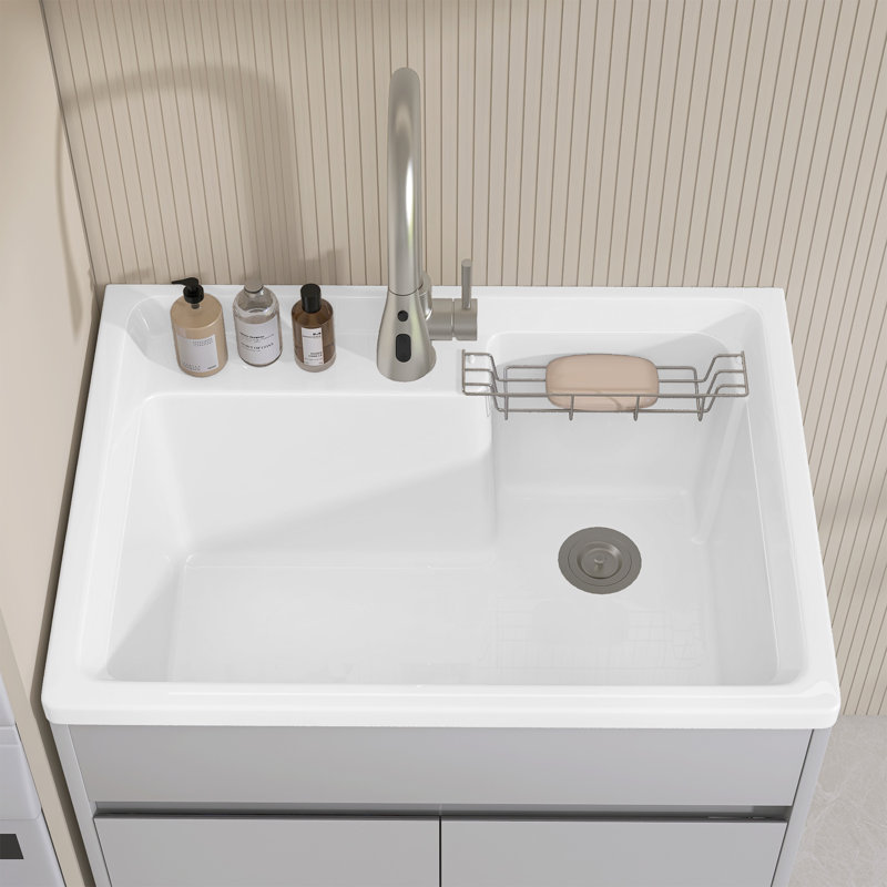 30" x 22" Soild Surface Laundry Sink Countertop With Integrated Deep Basin Utility Sink for Laundry Room Garage