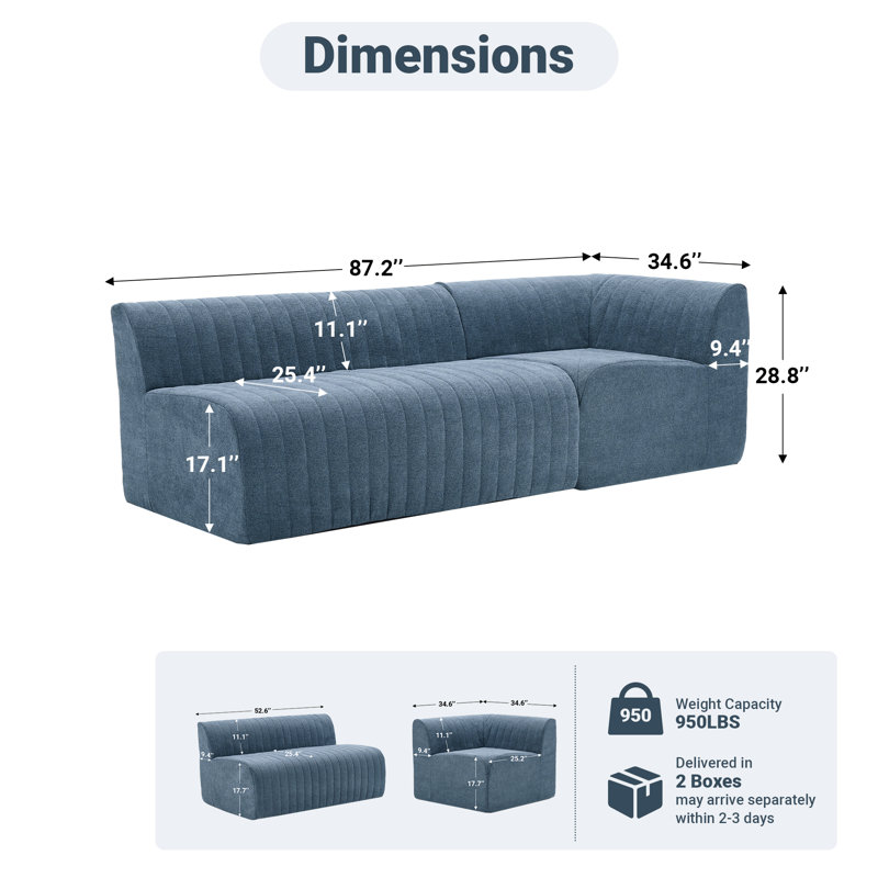 Boneless Upholstered Modular Sectional Banquette Sofa Channel Tufted Couch Compression Dining Bench, Blue Chenille