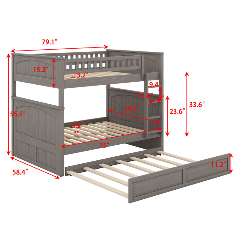 Bunk Bed With Trundle And Guardrails, Brushed Gray
