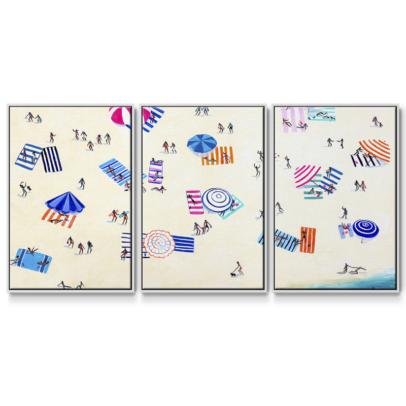 Plage colorée, reproduction sur toile 3 pièces, H 24 po x l 48 po, Cadre blanc