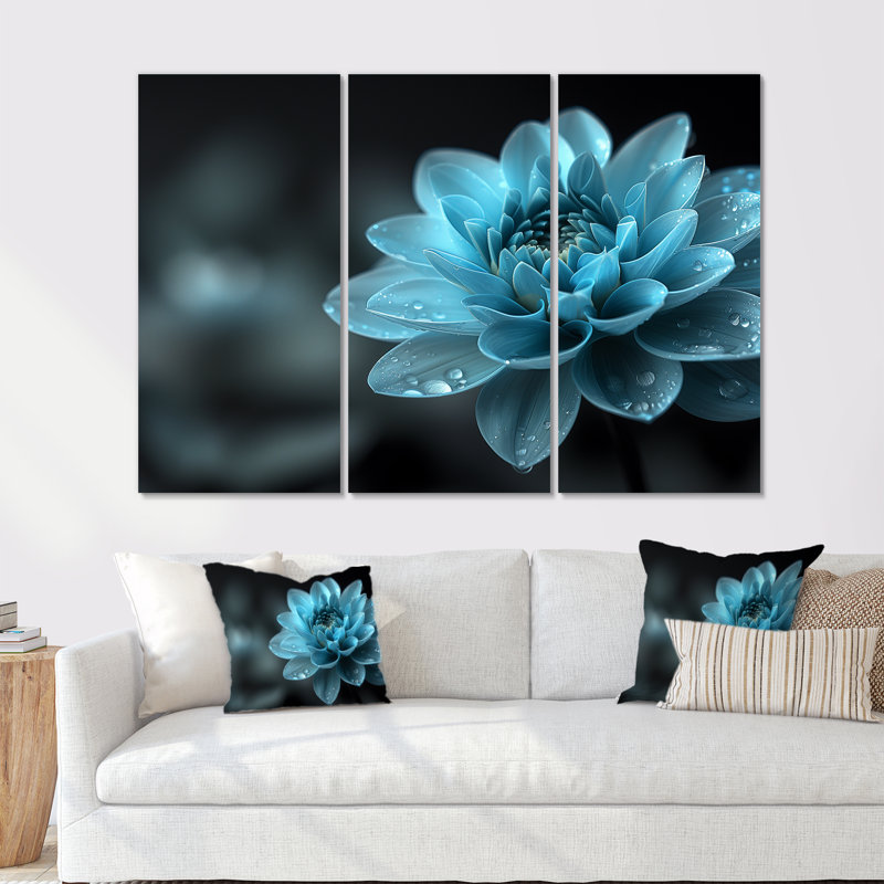 Monochromes bleu, noir, dahlia beauté - ensemble d'art mural dahlia, Métal métal, H 28 po x l 36 po x P 1 po