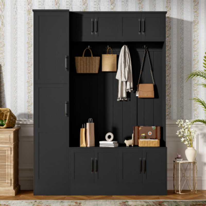 Tall Modern Hall Tree With Storage Bench - 79" Entryway Organizer With 6 Cabinets, 4 Coat Hooks, Adjustable Shelf For Hallway Or Living Room