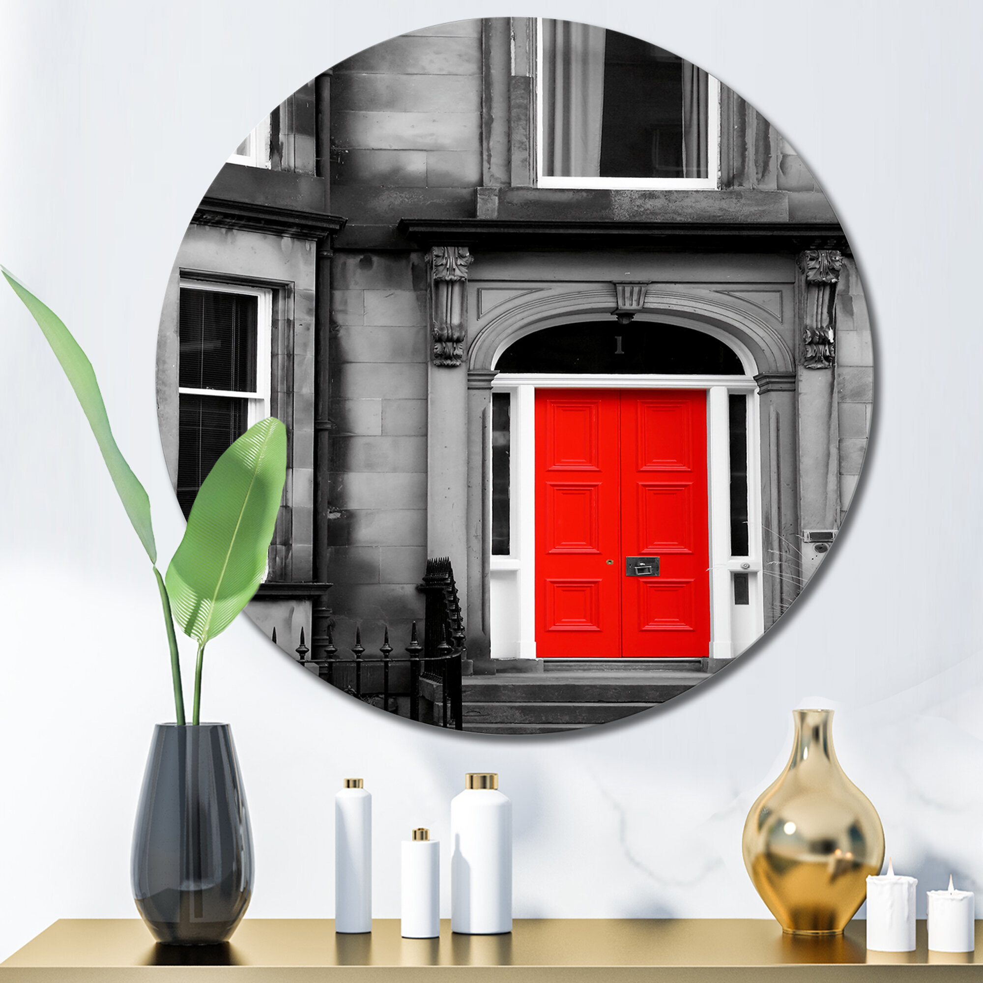 Red Barrel Studio® Red Door In Black And White City House On Metal Print  Wayfair