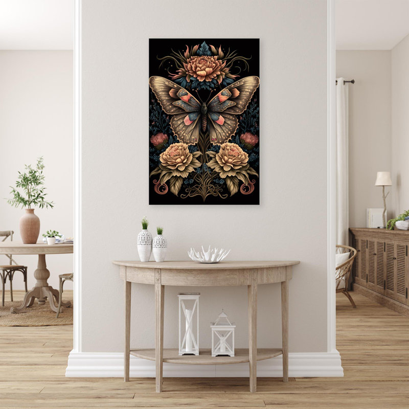 Pivoines et papillon - impression sur toile tendue, H 10 po x L 8 po x l 1,25 po
