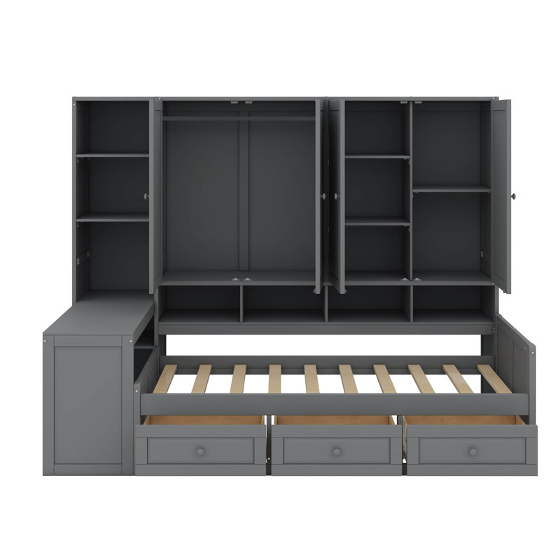 Lit de jour en bois avec trois tiroirs, unité de rangement tout-en-un, bureau et tablettes, gris, Simple