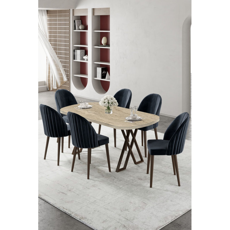 Ensemble de table et chaises de salle à manger (7 pièces), 7 pièces : table, 6 chaises, Travertin / noir, Gris anthracite