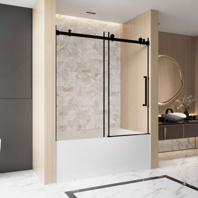 Douche coulissante simple sans cadre en verre trempé antidéflagrant de 6 mm avec poignée en acier inoxydable et rail tubulaire carré