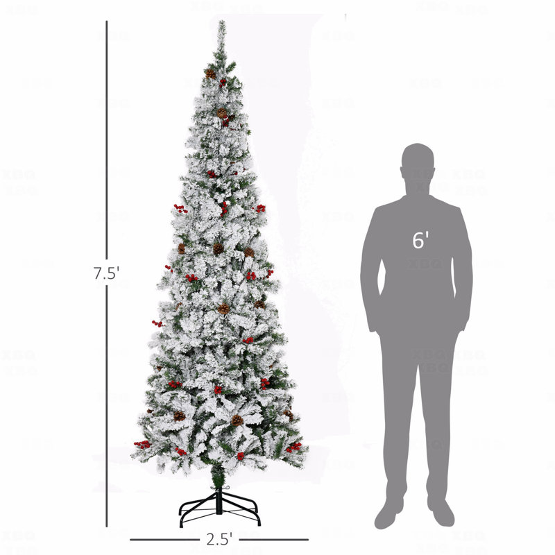 Arbre de Noël artificiel pin enneigé 7,5 pi, 600 branches réalistes, pommes de pin, baies rouges et ouverture automatique