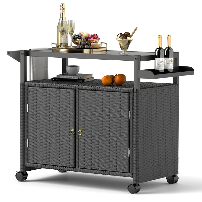 Wicker Bar Cart, Outdoor Kitchen Island Bar Table (black)