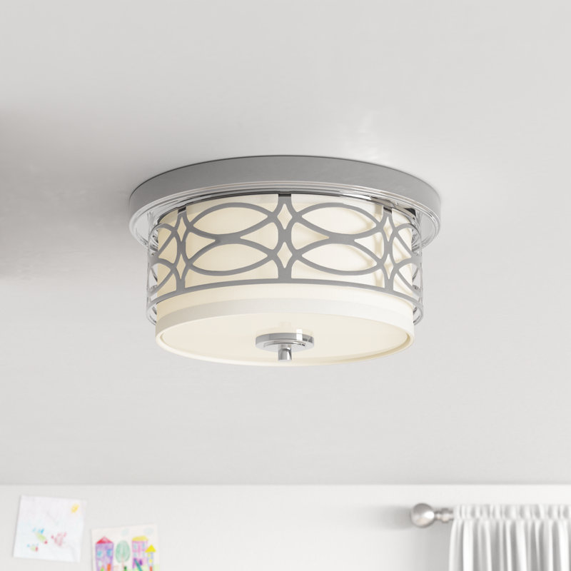 Plafonnier semi-encastré de 13,38 po à deux lumières Washington Mews, Nickel poli / tissu blanc, Blanc