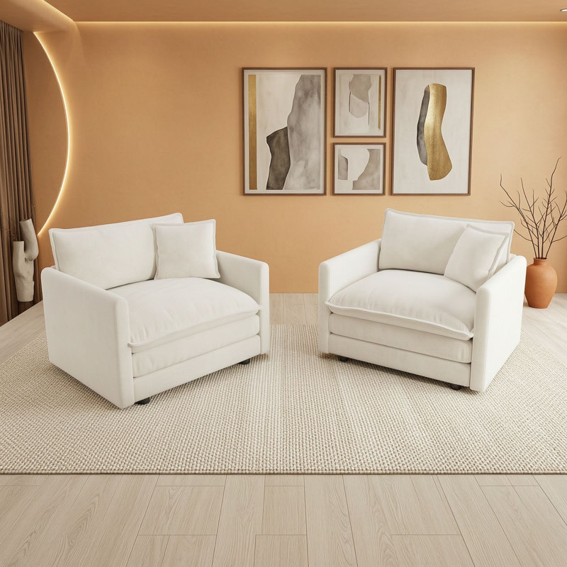 Ensemble de 2 fauteuils d'appoint rembourrés avec coussins et coussins décoratifs pour le salon, Blanc