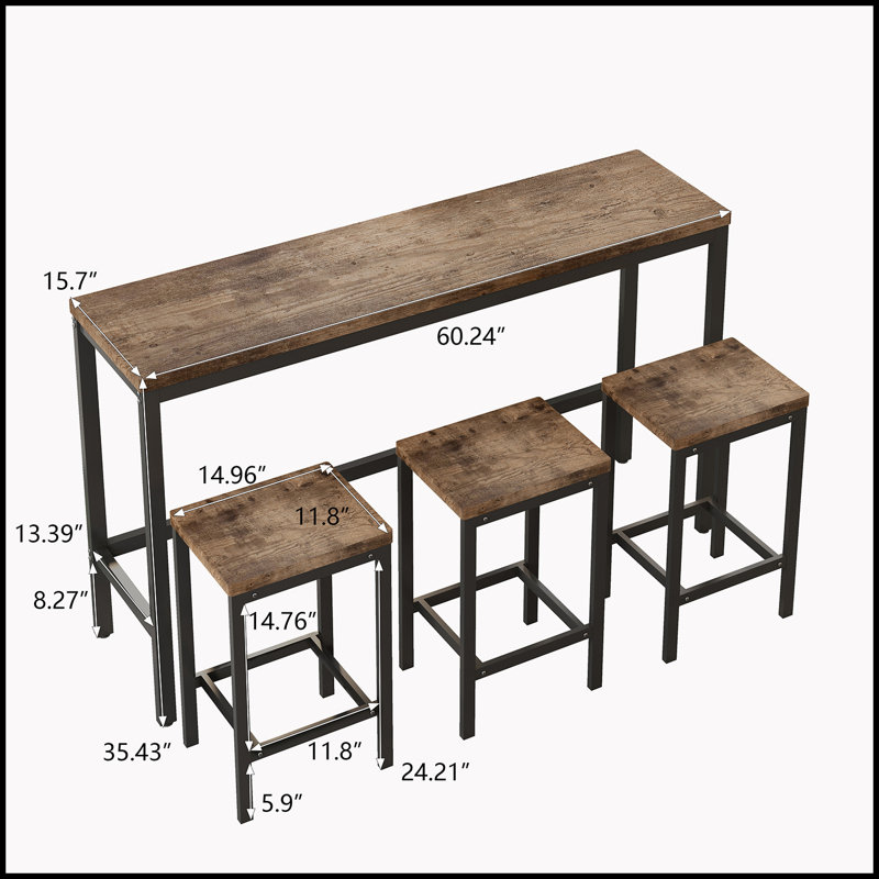 Keiera Modern Design Kitchen Dining Table, Pub Table, Long Dining Table Set with 3 Stools, Brown, Brown