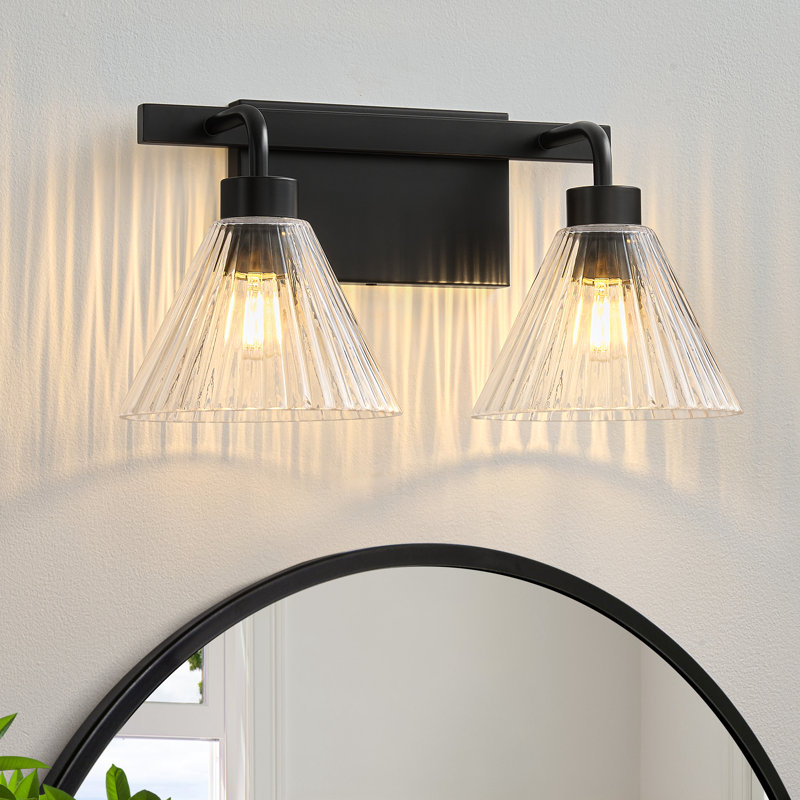 Applique murale de salle de bain à 2 lumières avec variateur et abat-jour en verre transparent côtelé, Noir, 2 lumières