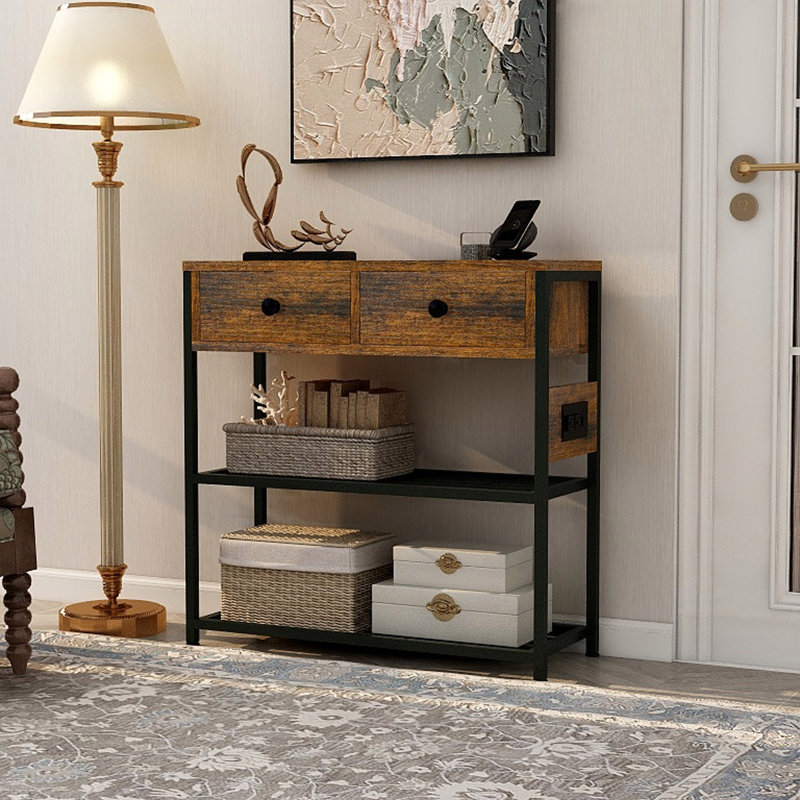 Console de hall d'entrée Ultimate, table de canapé étroite avec 2 tiroirs, 2 tablettes, prises de courant, 2 ports USB, 1 port de type C, table d'entrée de table pour le salon, vestibule, table d'entrée de couloir industrielle