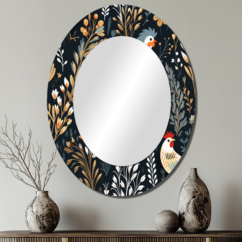 Country Charm Red  Rooster Pattern - marble  Decorative Mirror, Casual Wall Mirror, Printed Metal Art, 40" H x 30" W, Oval