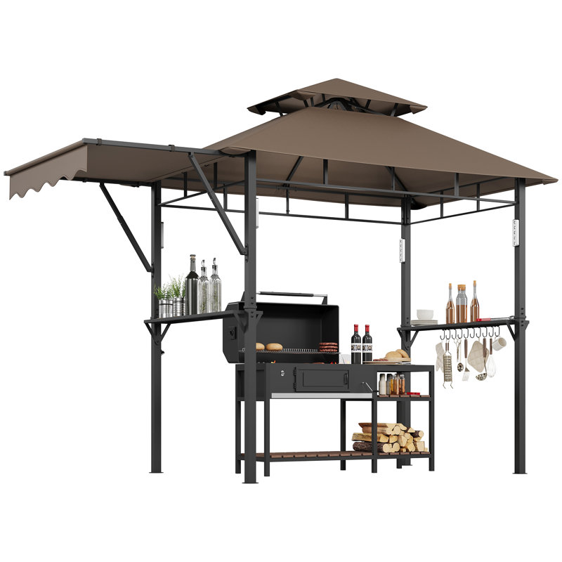 优化标题（98字符）：8x5 ft Heavy Duty Grill Gazebo with Double Roof, Side Awnings, LED Lights & Storage Racks for BBQ, Brown