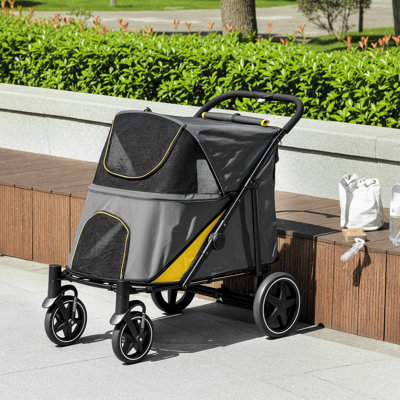 Foldable Dog Carriage with Universal Wheels Shock Absorber - Grey