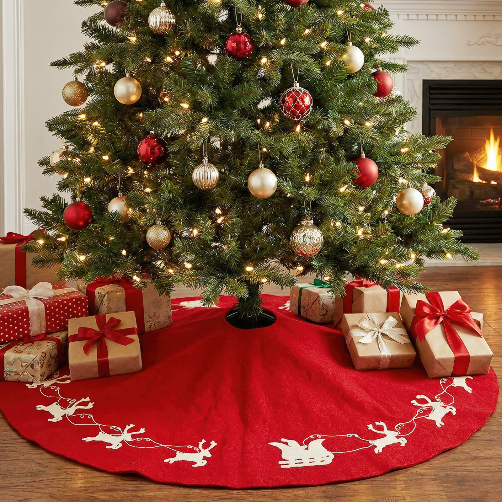 Cream Reindeer on Red Christmas Tree Skirt in Hand Felted Wool - 60"/72"