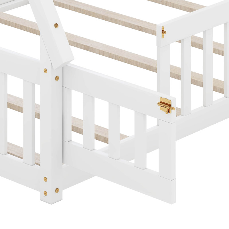 Lit de plancher avec rails et porte, avec lit de tente avec lattes et clôture, Double, Blanc