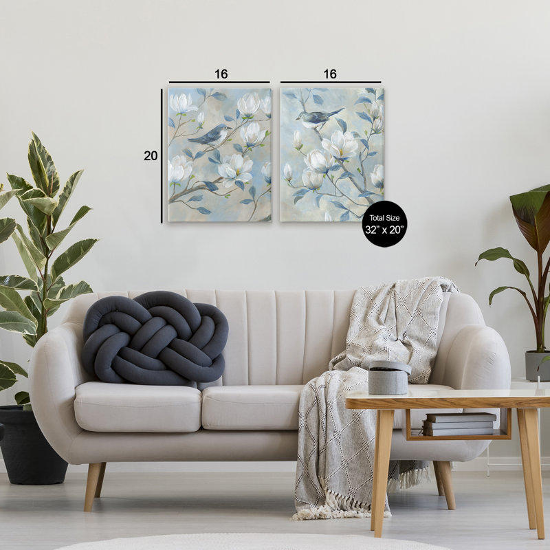 «Blue Birds in Magnolia Tree», ensemble de 2 toiles, par Nan, H 20 po x l 16 po