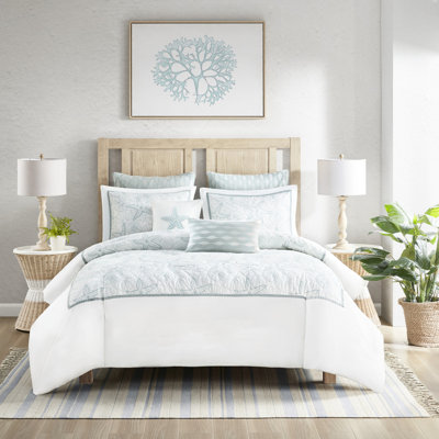 Housse de couette Harbour House Bay King - 100% coton, broderie foncée, fermeture à boutons, 2 taies décoratives, 4 attaches intérieures, literie de style décontracté avec coton brodé