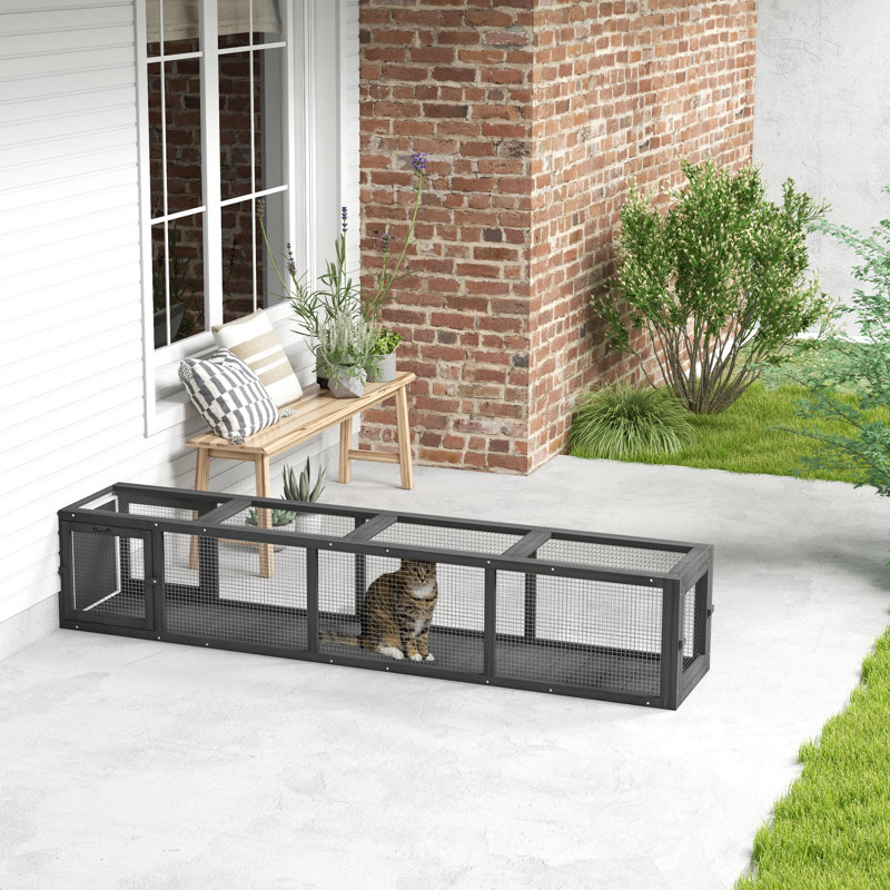 Wooden Cat Run With Weather Protection, Connecting Inside And Outside, Grey
