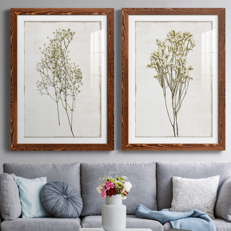 «Farmhouse Pressed Flower I», ensemble de 2 impressions, Papier avec cadre érable, H 31,5 po x l 47 po x P 1,5 po