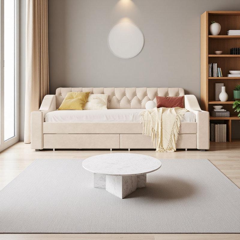 Twin Size Upholstered Daybed With Storage Armrests And USB Port, Beige