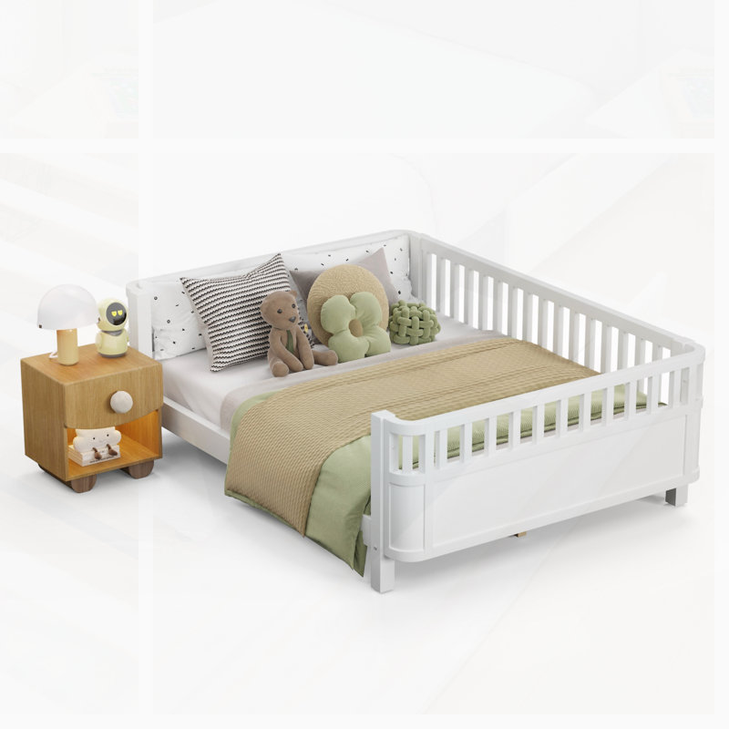 Full Size Wood Platform Bed With Safety Guardrails And Durable Construction For Kids And Adults, Full, White