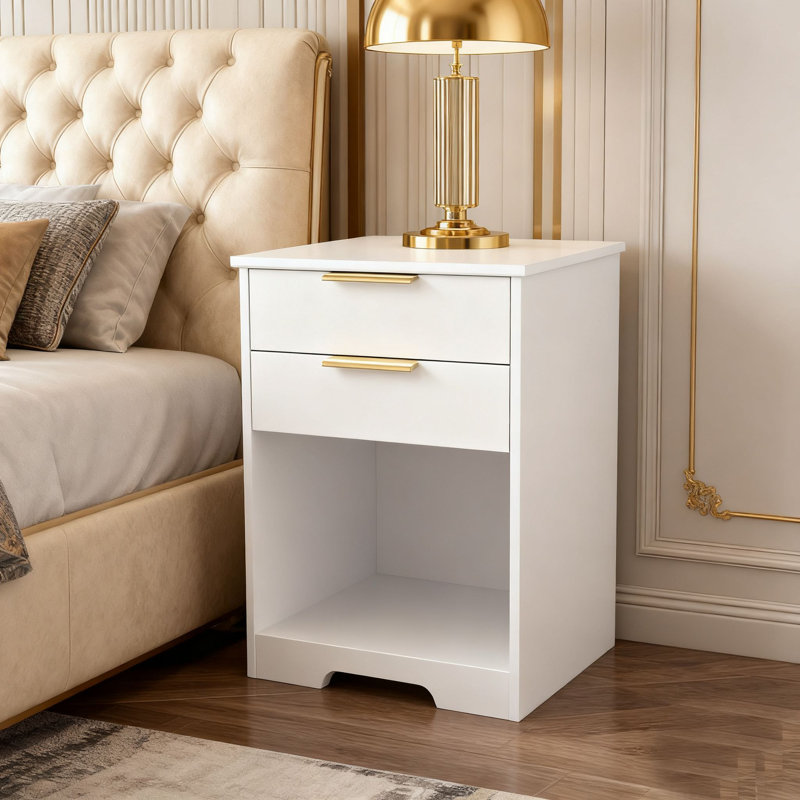 White 2 - Drawer Nightstand with Open Shelf, Gold Handles & Compact Design