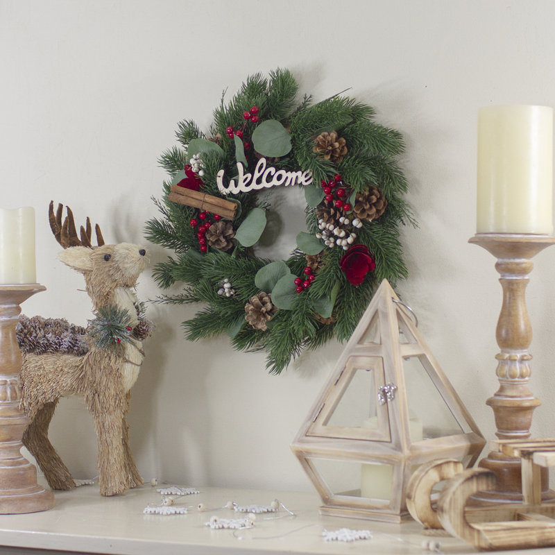 Couronne de Noël artificielle verte et rouge «Welcome» - non éclairée 12 pouces