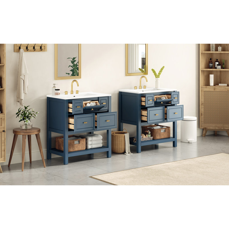 Meuble-lavabo de 60 po avec lavabo en céramique, apparence moderne bleue et dorée, rangement à 10 tiroirs, ensemble de meuble-lavabo simple 60 po