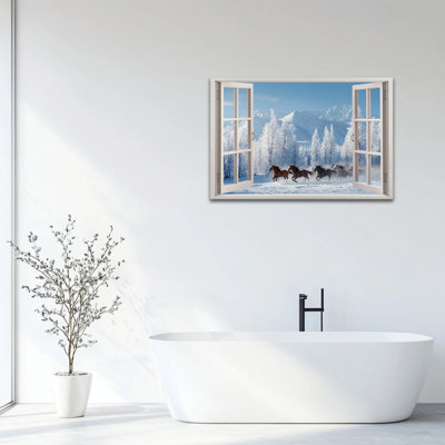 Grande toile d'hiver, art mural, fenêtre ouverte, neige, course, chevaux, paysage de montagne, peinture, impressions pour salon, chambre à coucher, bureau, 36 po x 48 po