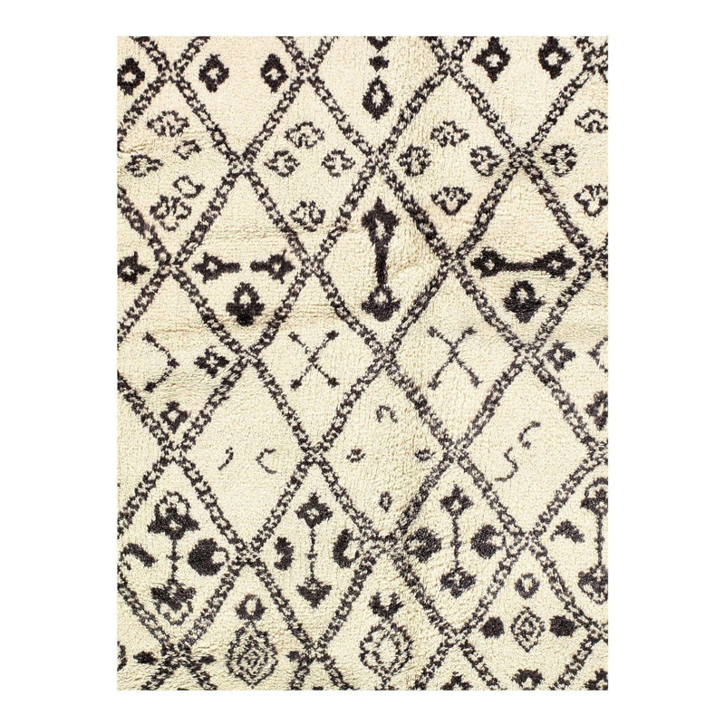 Tapis noir / beige en coton / laine marocain rectangulaire fait à la main 8 pi 1 po x 10 pi