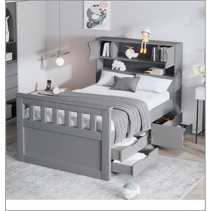 Structure de lit plateforme simple avec bibliothèques et tablettes de rangement, quatre tiroirs, gris, Gris