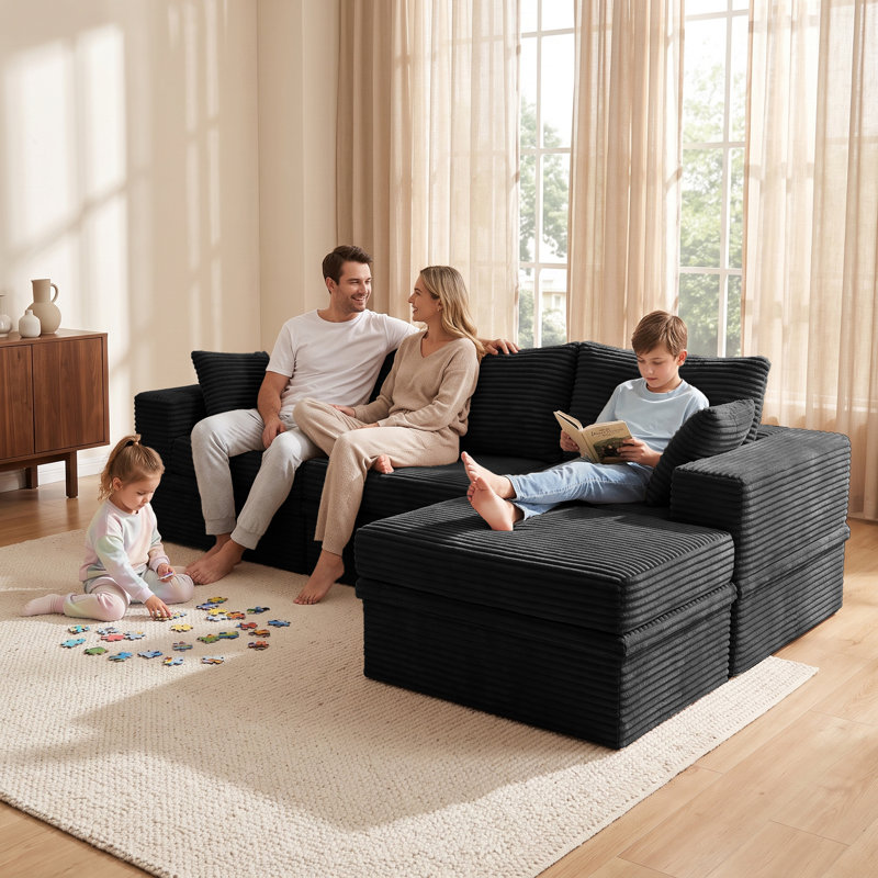 Boneless Corduroy L-Shaped Sectional Reversible, Black