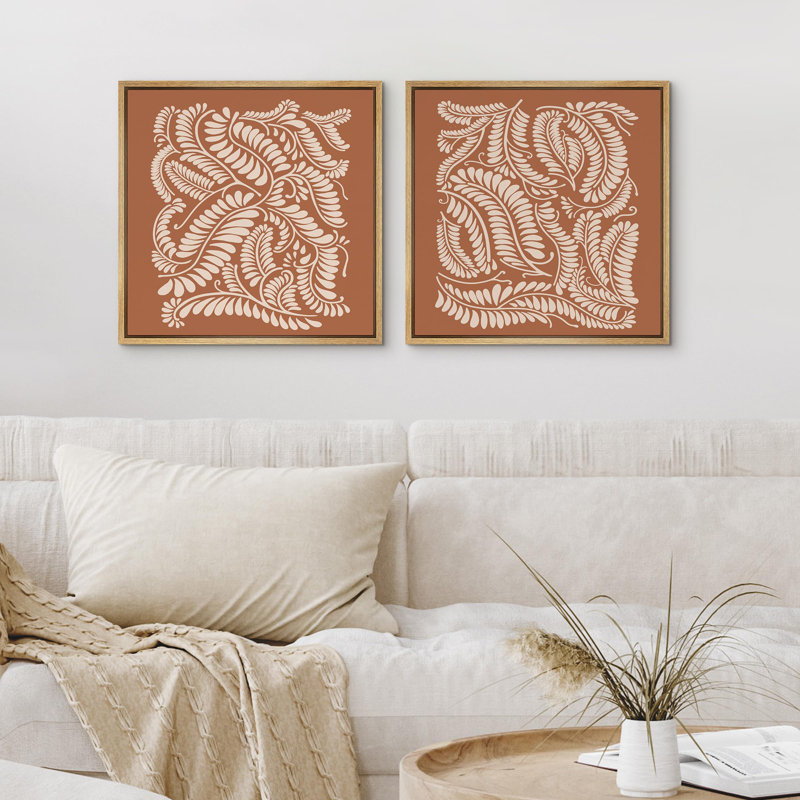 "Botanical Leaf Pattern Modern Art Minimalist" 2 pièces, H 24 po x l 24 po, Natural Floater Framed