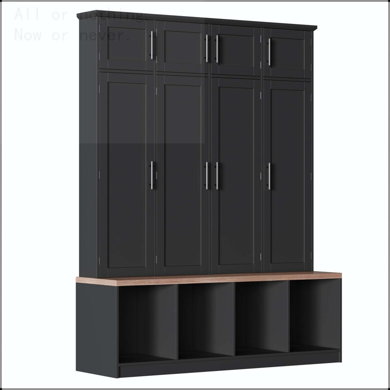 4-in-1 Hall Tree with 8 Cabinets and Hidden Hooks, Black