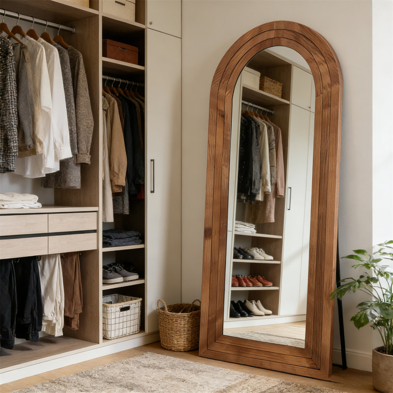 Arched Vintage Style Full-Length Mirror – Wooden Frame, Freestanding, Wall-Mounted, Oversized Floor Mirror, Brown